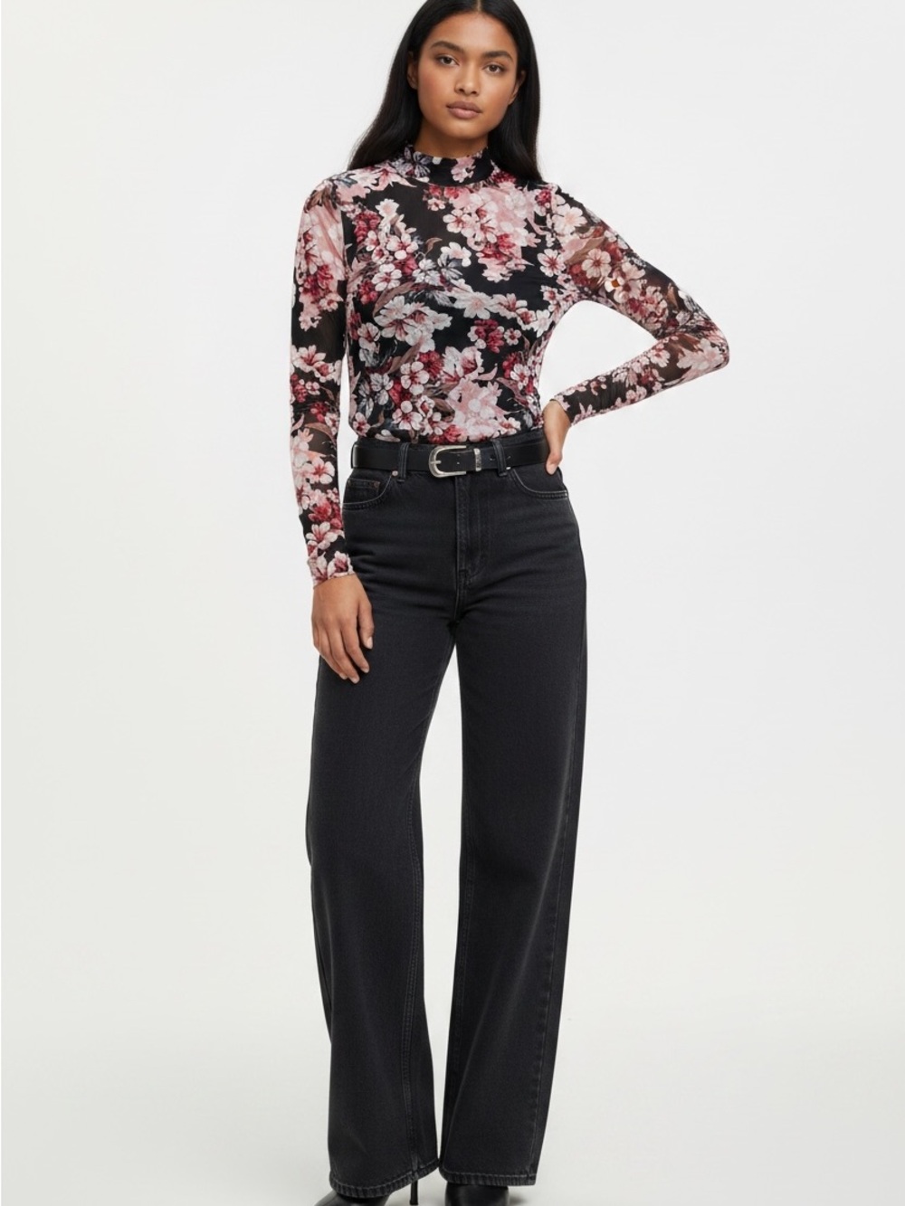 Vince Camuto Mesh Floral Mock Neck Black Pink Blue Size M
